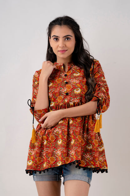 Jaipurite Red Floral Printed Tunic in Cotton