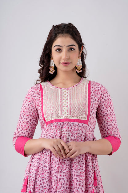 Jaipurite Tie Up Pink Embroidered Flared Party & Wedding Wear Long Kurta