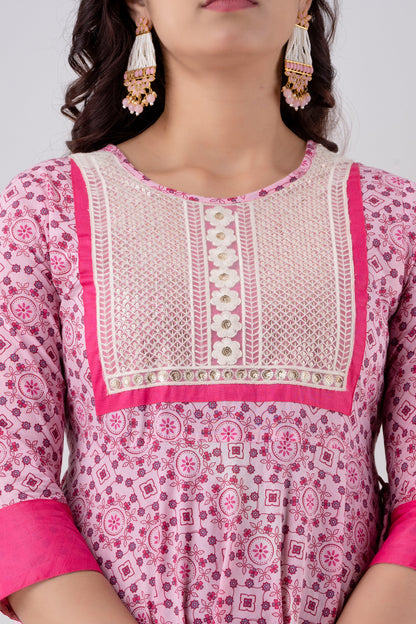 Jaipurite Tie Up Pink Embroidered Flared Party & Wedding Wear Long Kurta