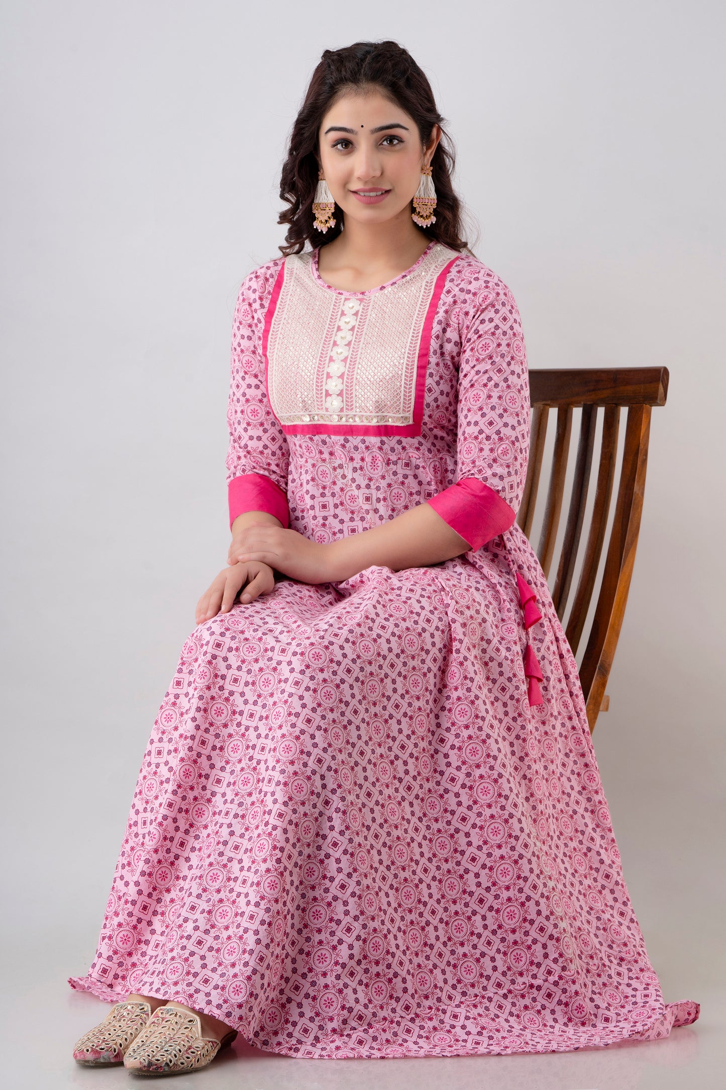 Jaipurite Tie Up Pink Embroidered Flared Party & Wedding Wear Long Kurta