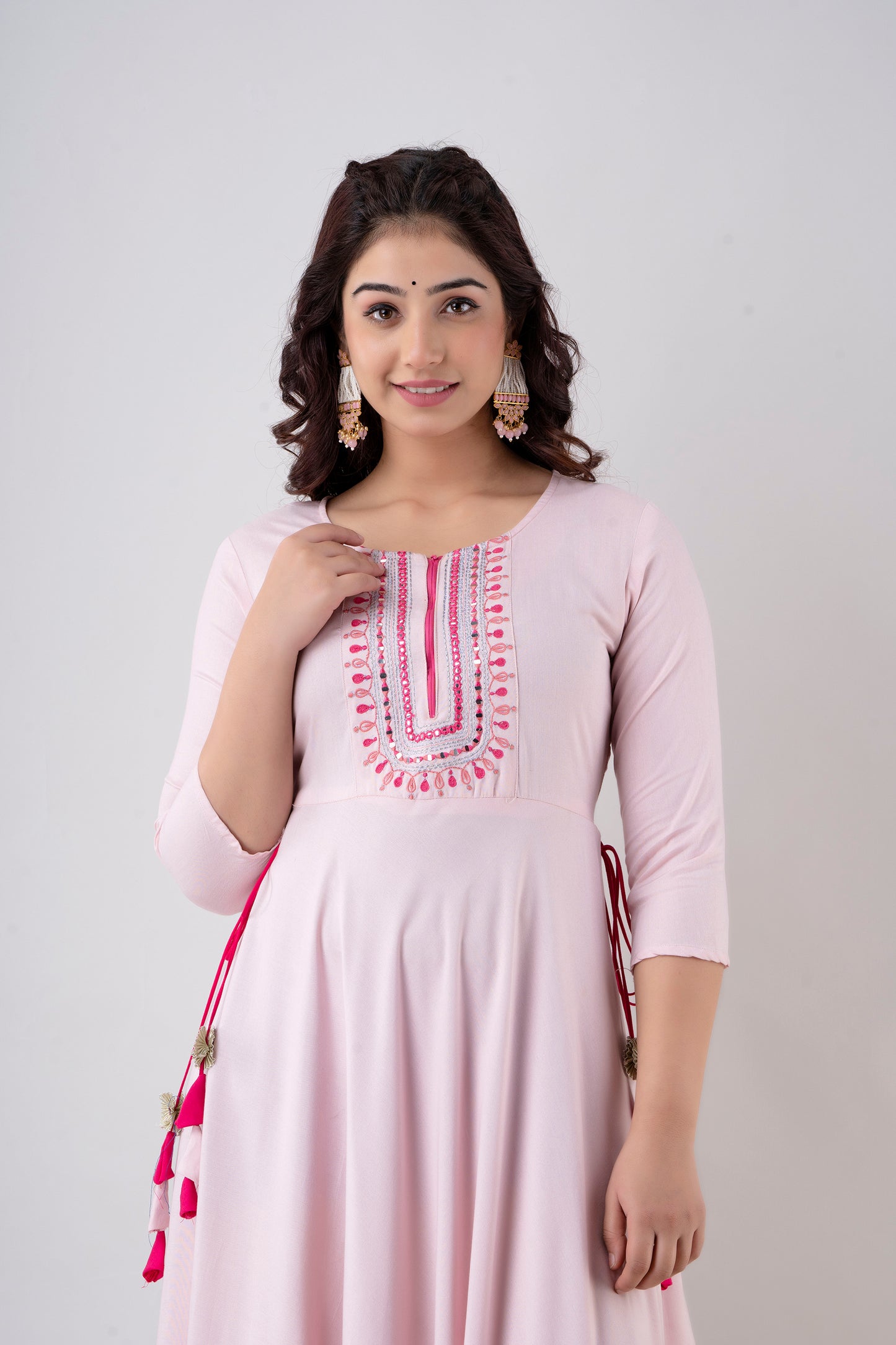 Jaipurite Pink Plain Tie Up Embroidered Festive Party Wear Long Kurta
