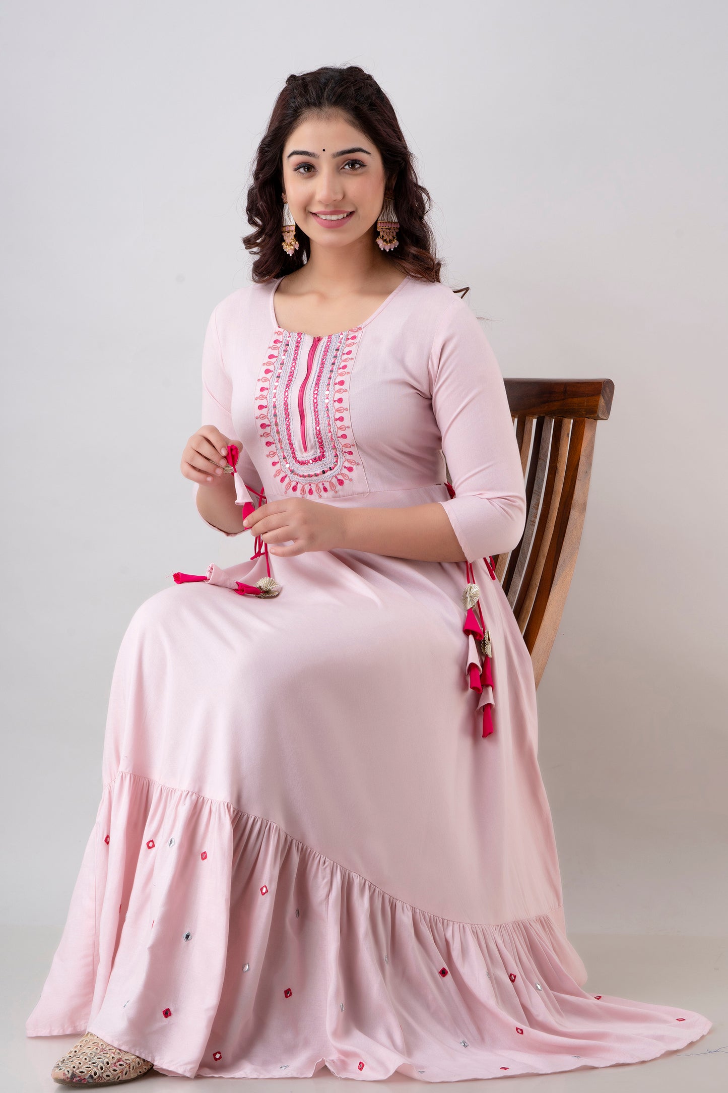 Jaipurite Pink Plain Tie Up Embroidered Festive Party Wear Long Kurta