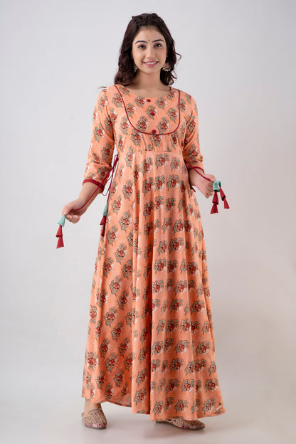 Jaipurite Anarkali Printed Flared Tie Up Party Wear Long Kurta