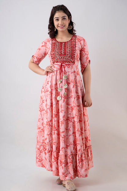 Jaipurite Floral & Flared Embroidered Long Party wear Dress