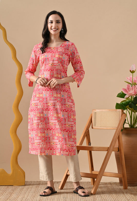 Patchwork Straight Kurta in Pink