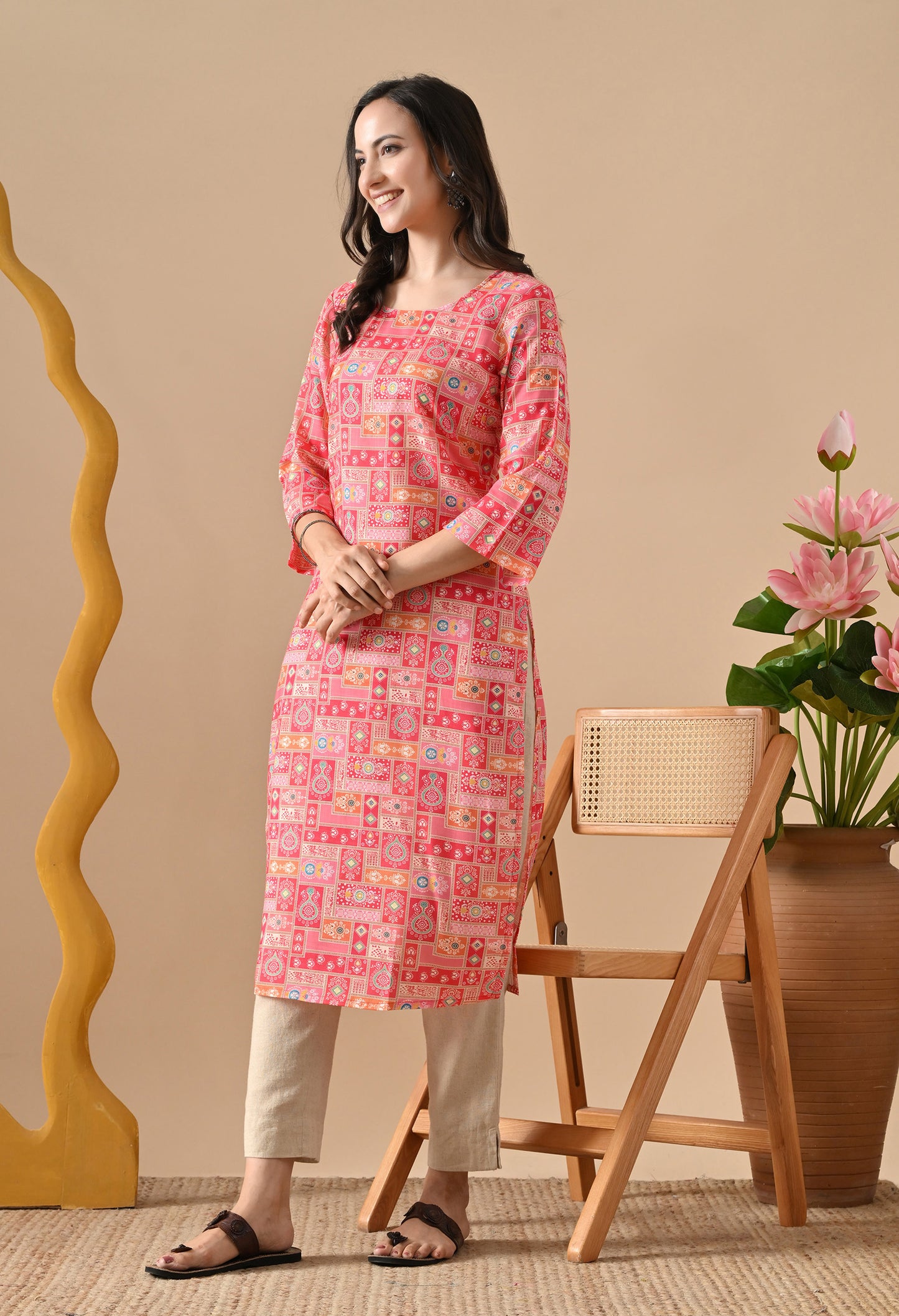 Patchwork Straight Kurta in Pink