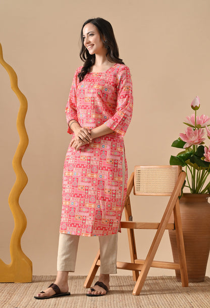 Patchwork Straight Kurta in Pink