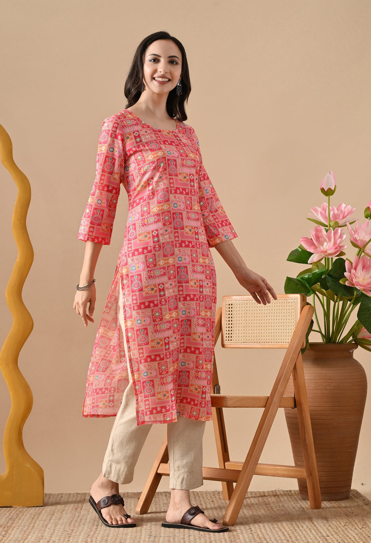 Patchwork Straight Kurta in Pink
