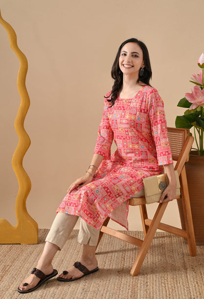 Patchwork Straight Kurta in Pink