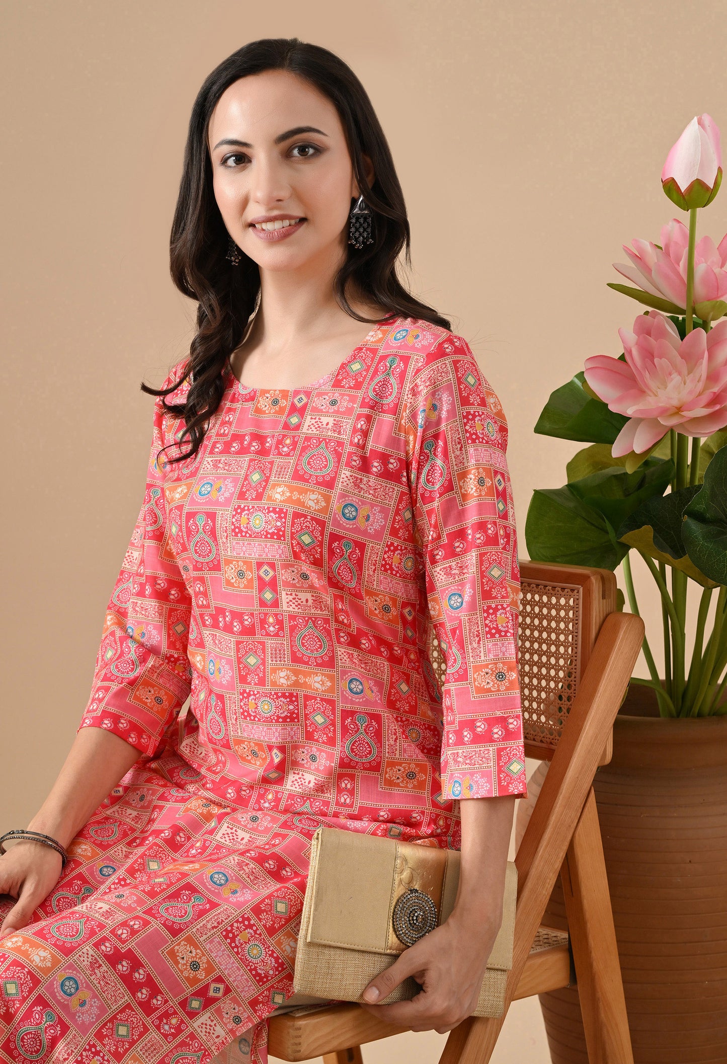 Patchwork Straight Kurta in Pink