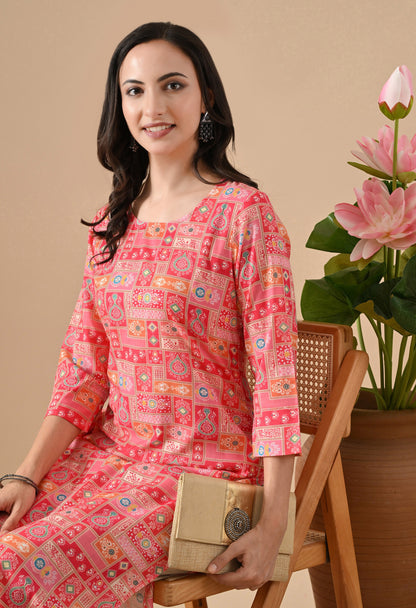 Patchwork Straight Kurta in Pink