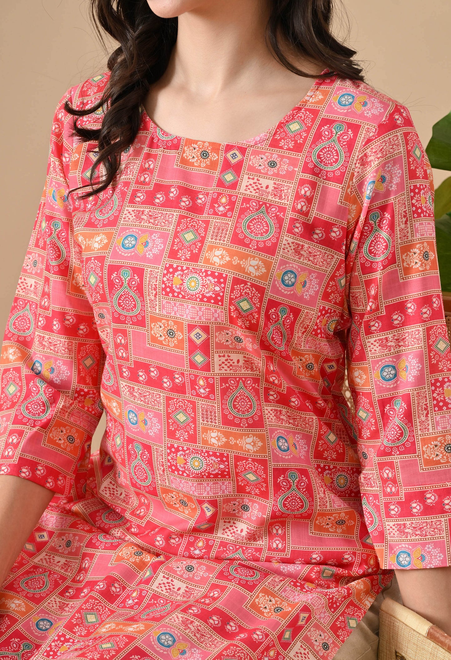 Patchwork Straight Kurta in Pink