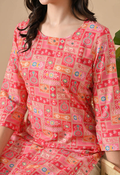 Patchwork Straight Kurta in Pink