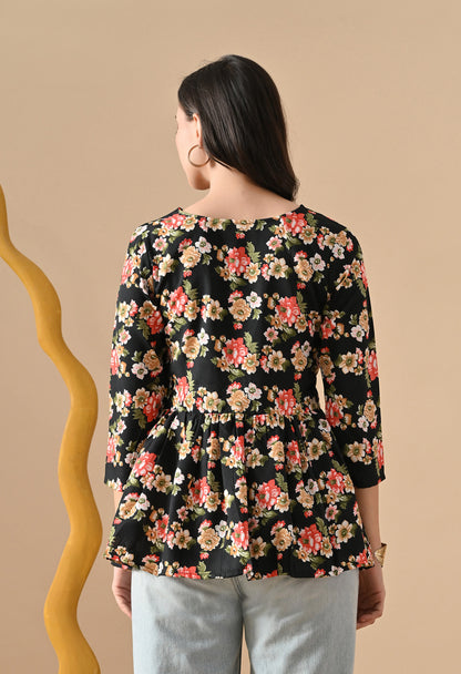 Floral Printed Black Tunic For Girls