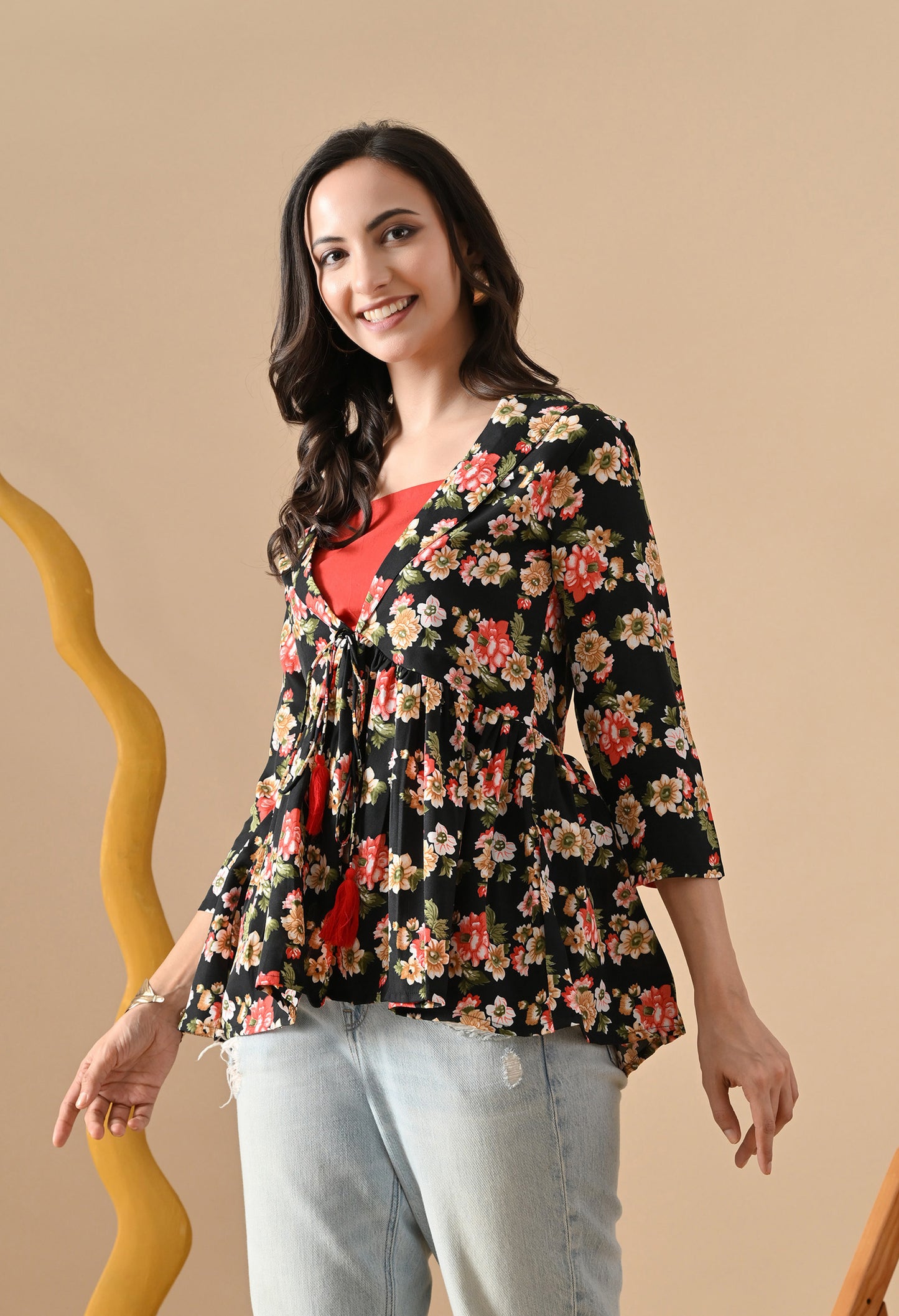Floral Printed Black Tunic For Girls