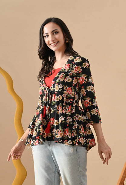 Floral Printed Black Tunic For Girls