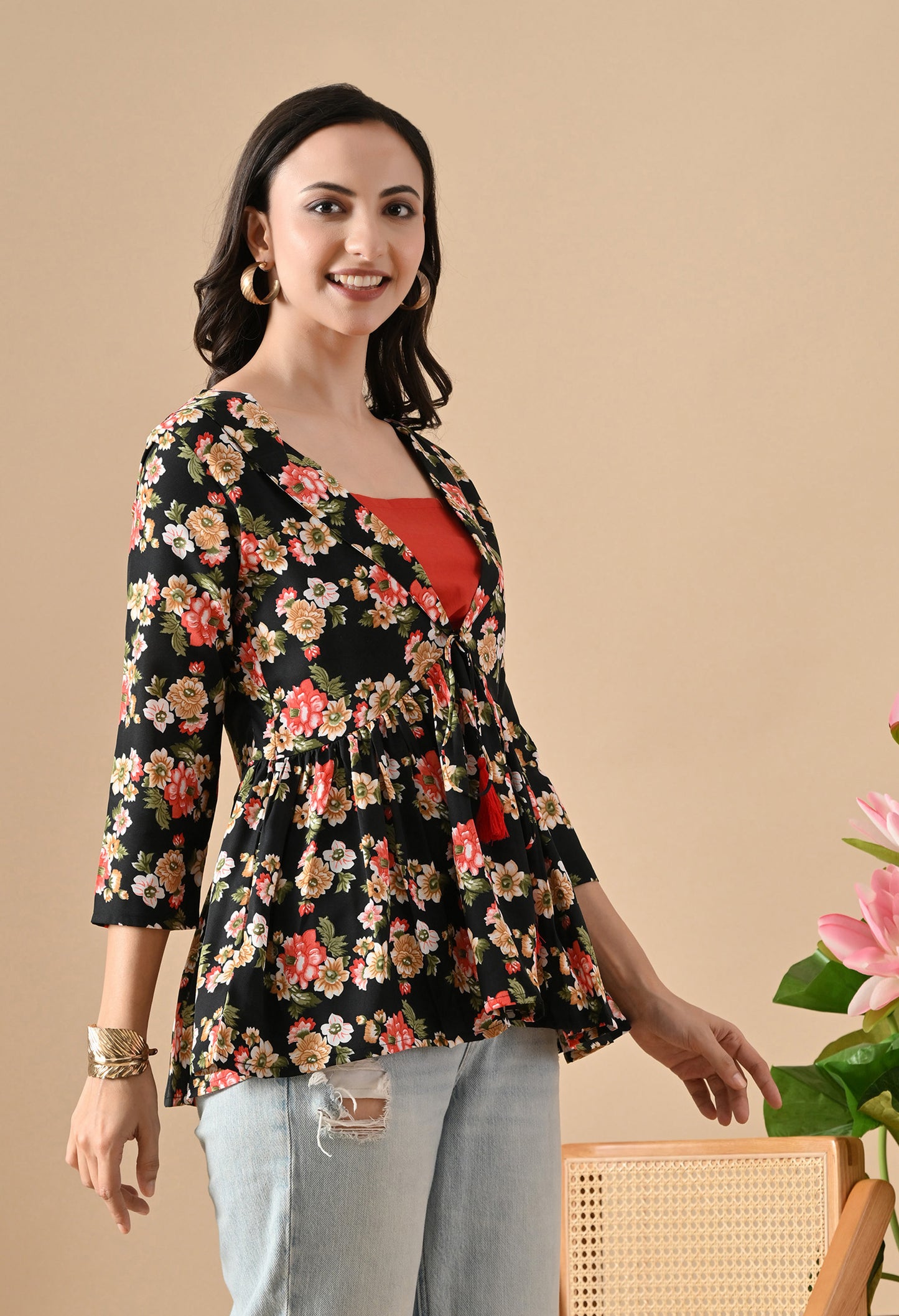 Floral Printed Black Tunic For Girls