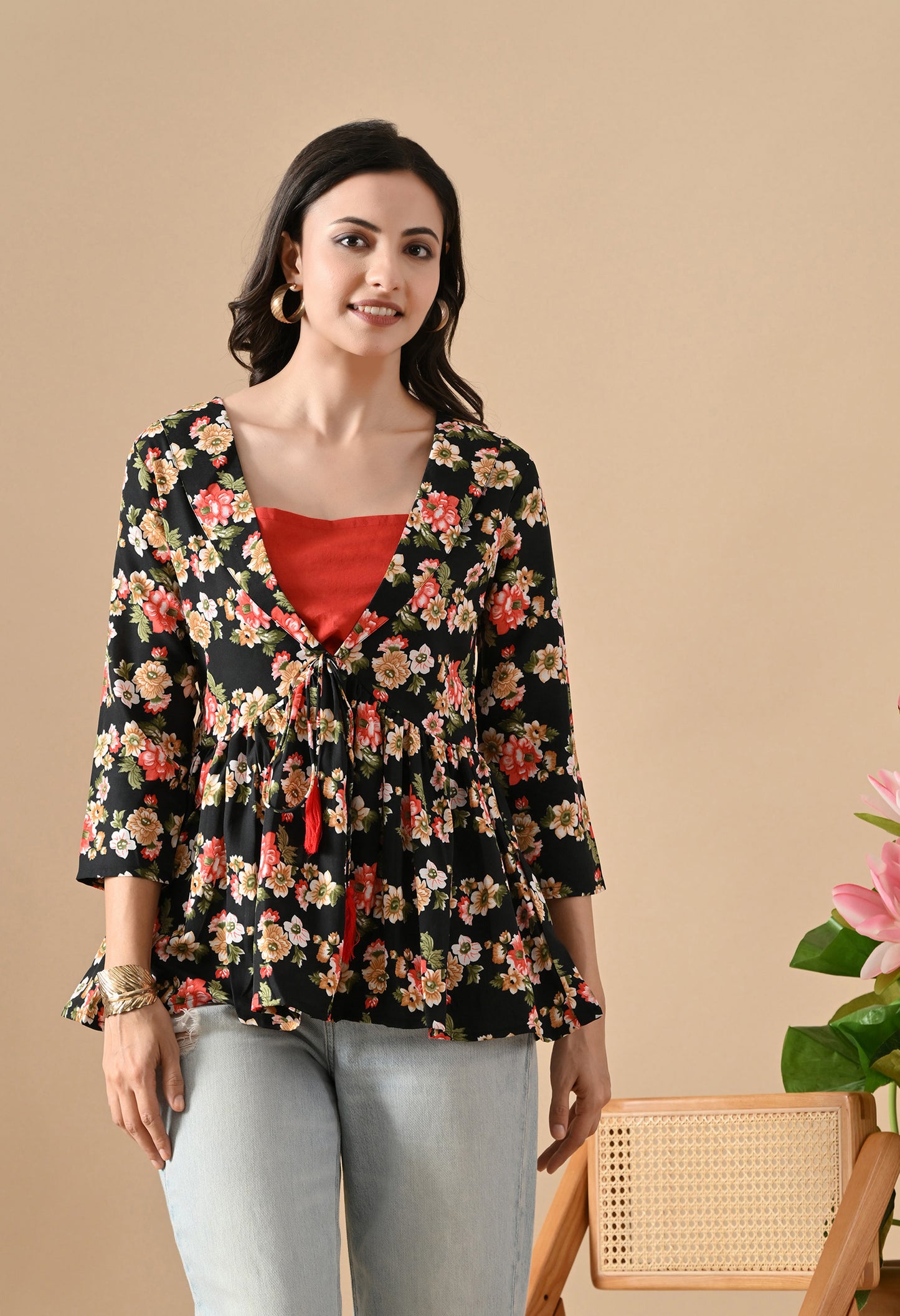Floral Printed Black Tunic For Girls