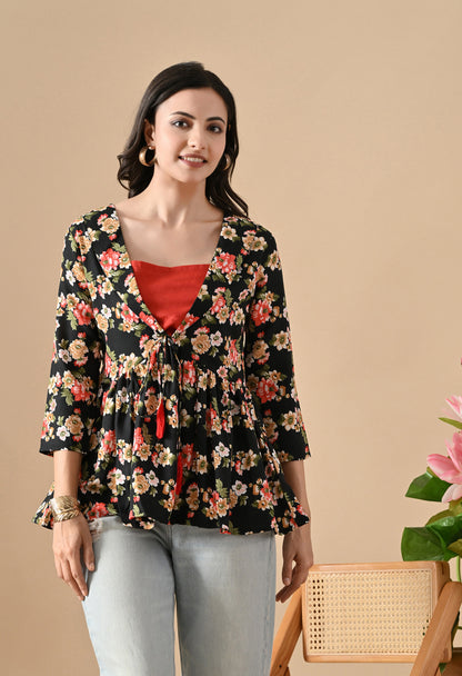 Floral Printed Black Tunic For Girls
