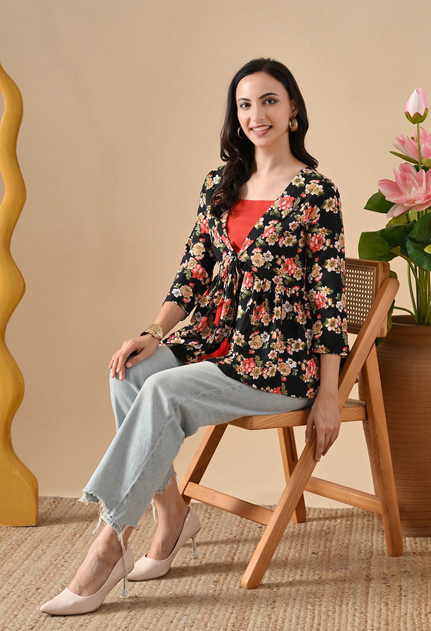 Floral Printed Black Tunic For Girls