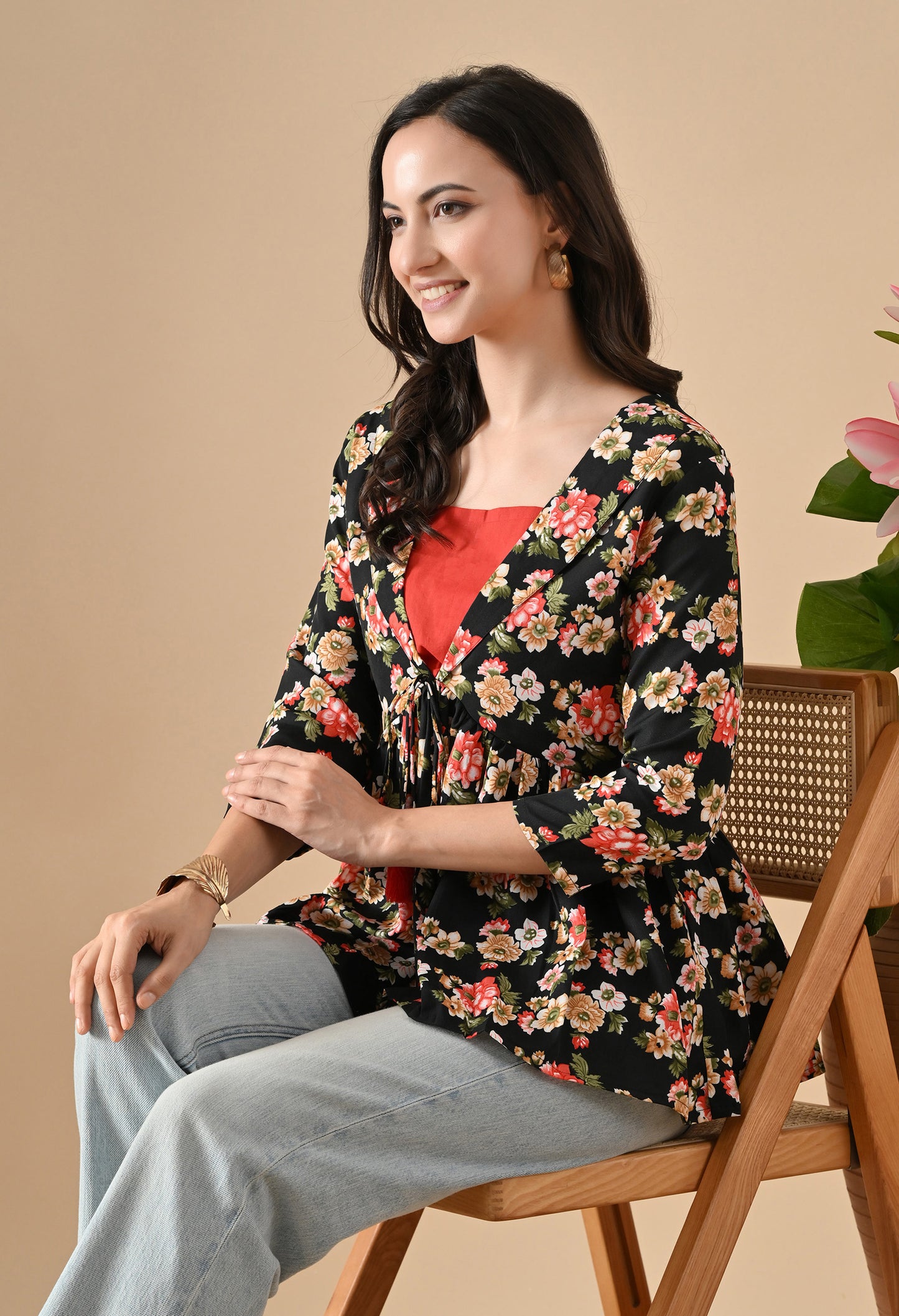 Floral Printed Black Tunic For Girls