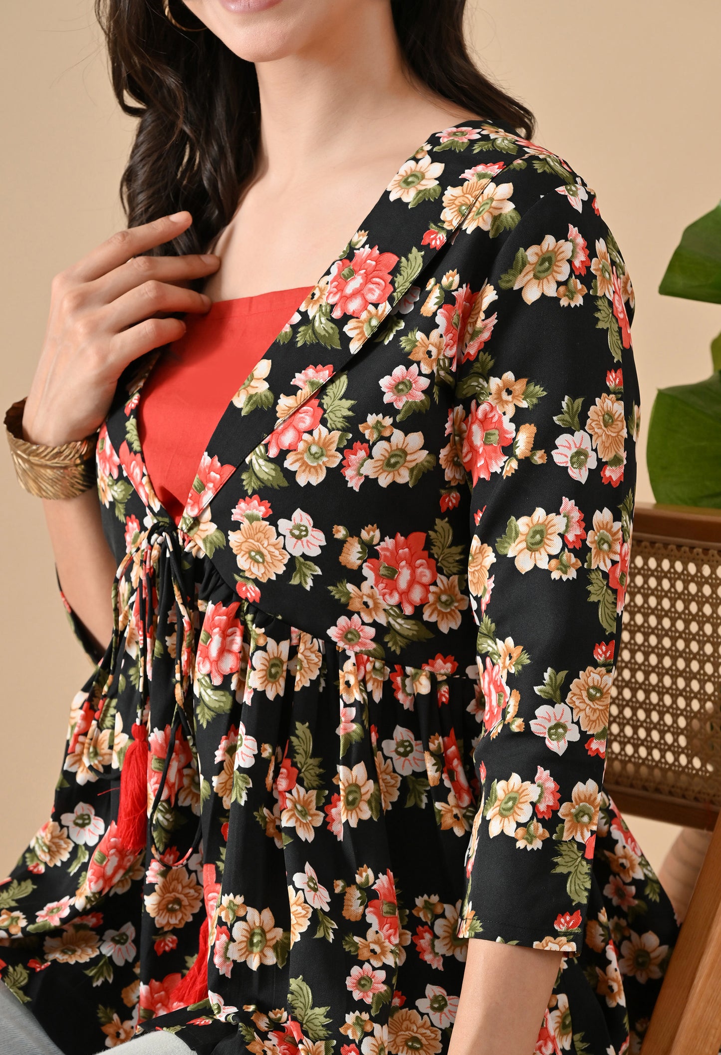 Floral Printed Black Tunic For Girls