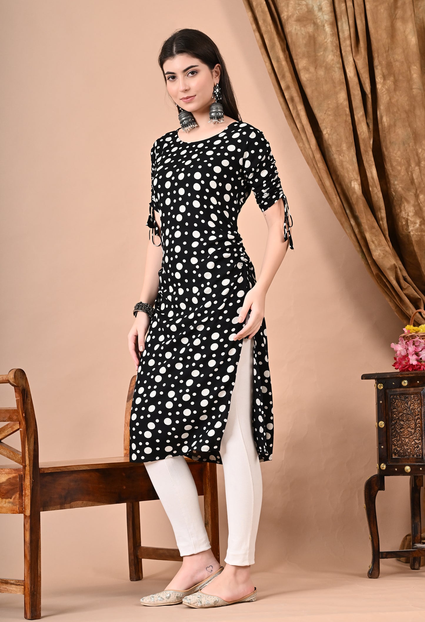 Jaipurite Polka Dots Straight Kurti in Black