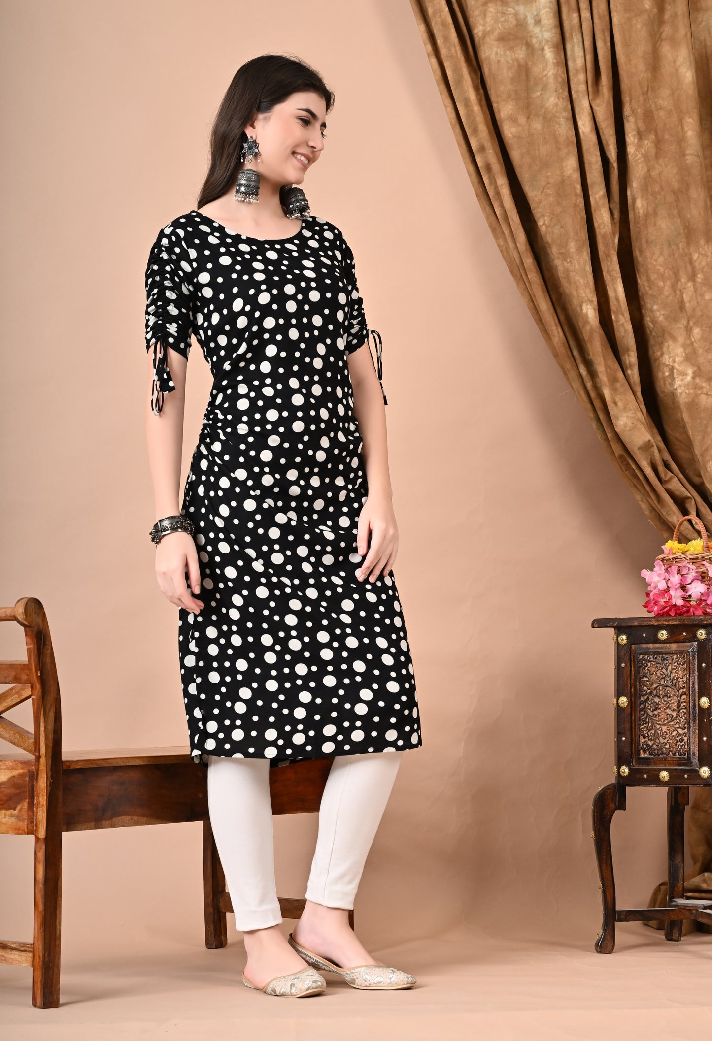 Jaipurite Polka Dots Straight Kurti in Black