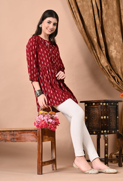 Jaipurite Maroon Printed Tunic in Viscos Rayon