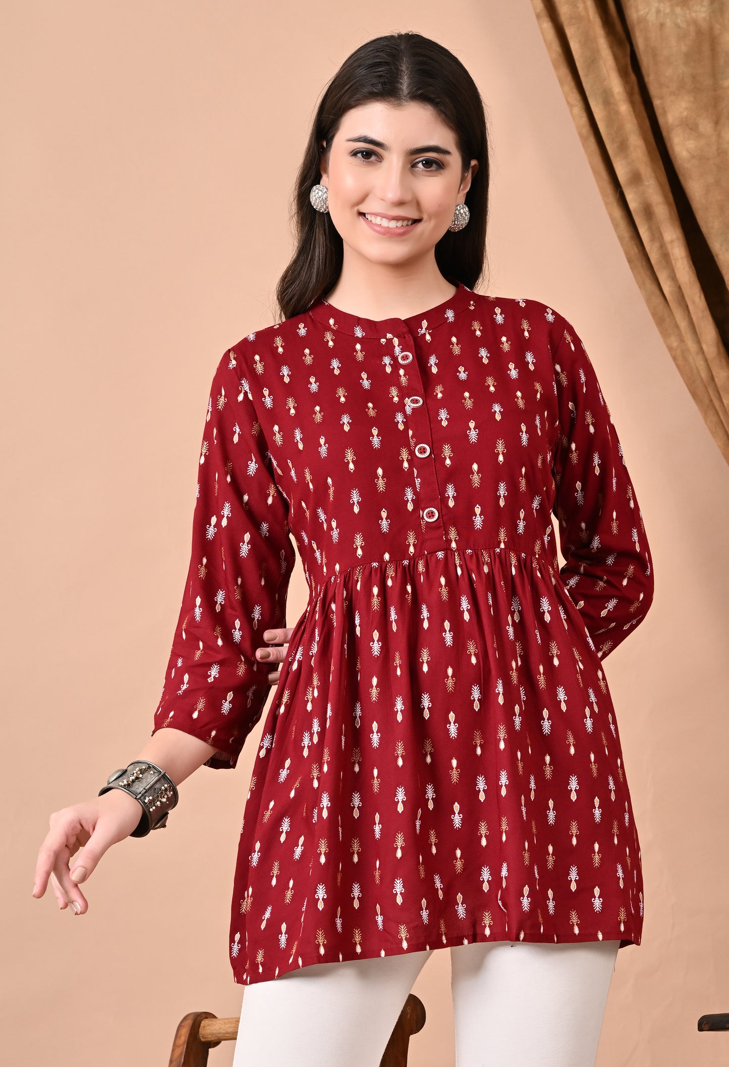 Jaipurite Maroon Printed Tunic in Viscos Rayon