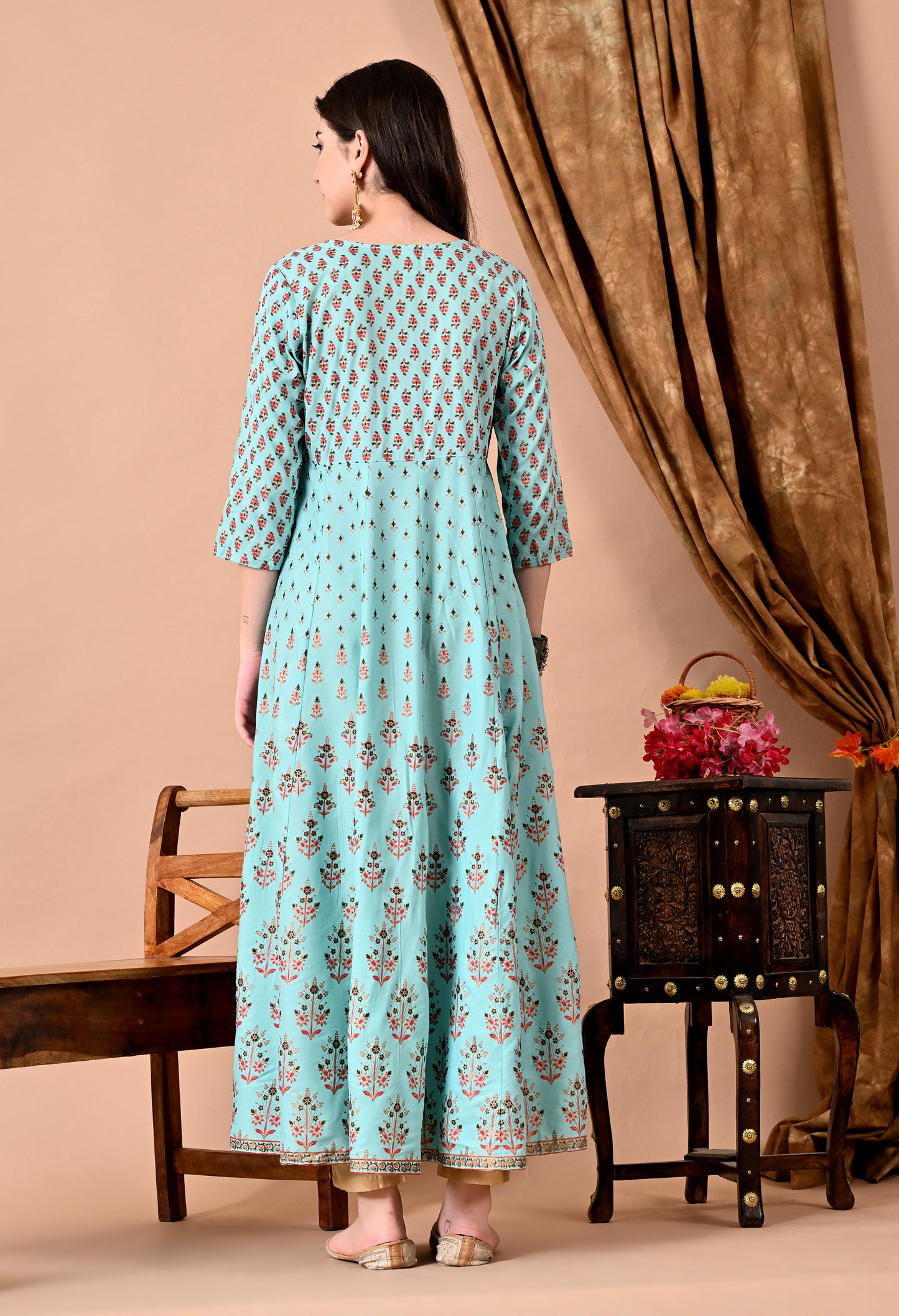 Jaipurite Printed Anarkali Long Kurta in Light Green