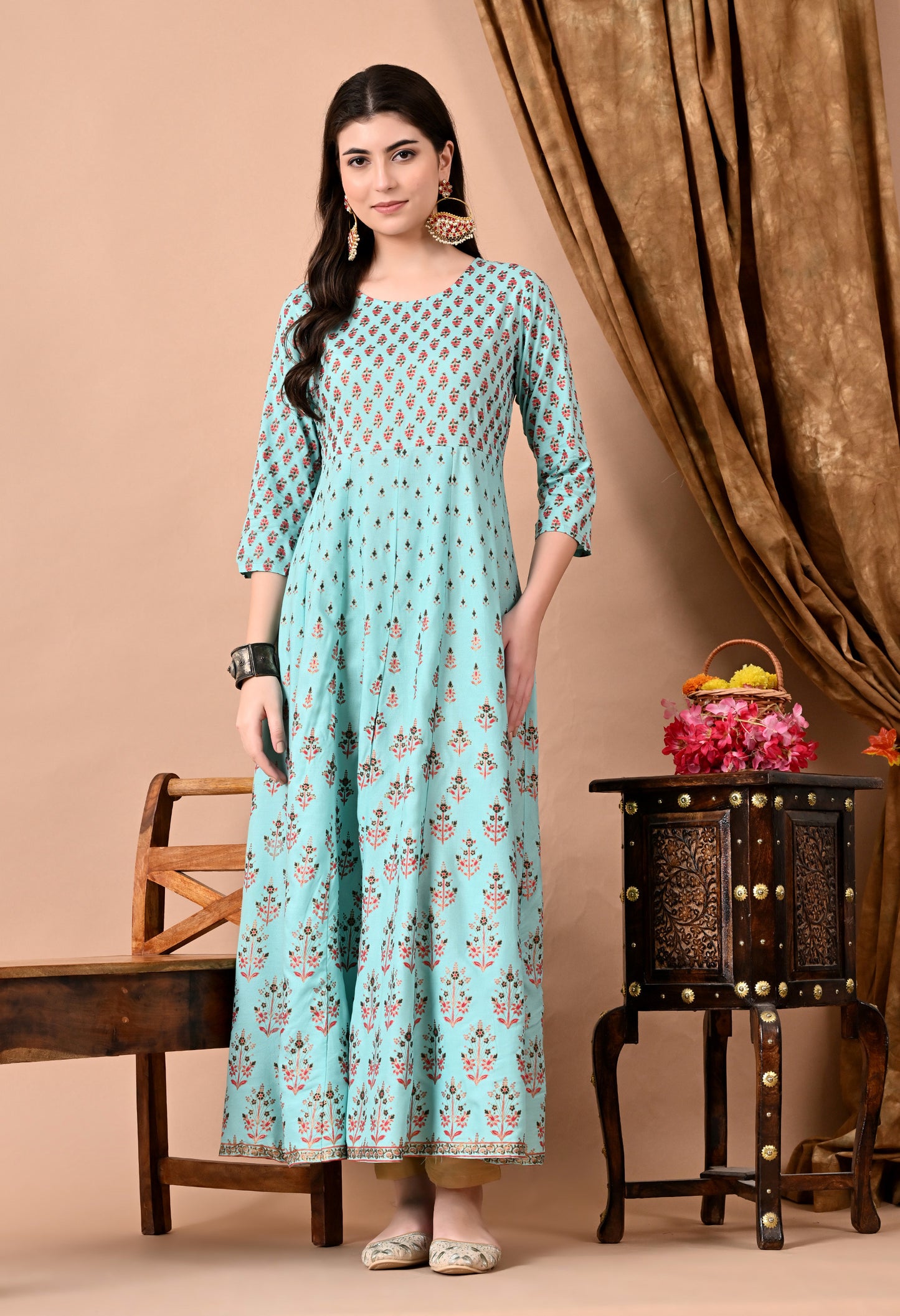 Jaipurite Printed Anarkali Long Kurta in Light Green