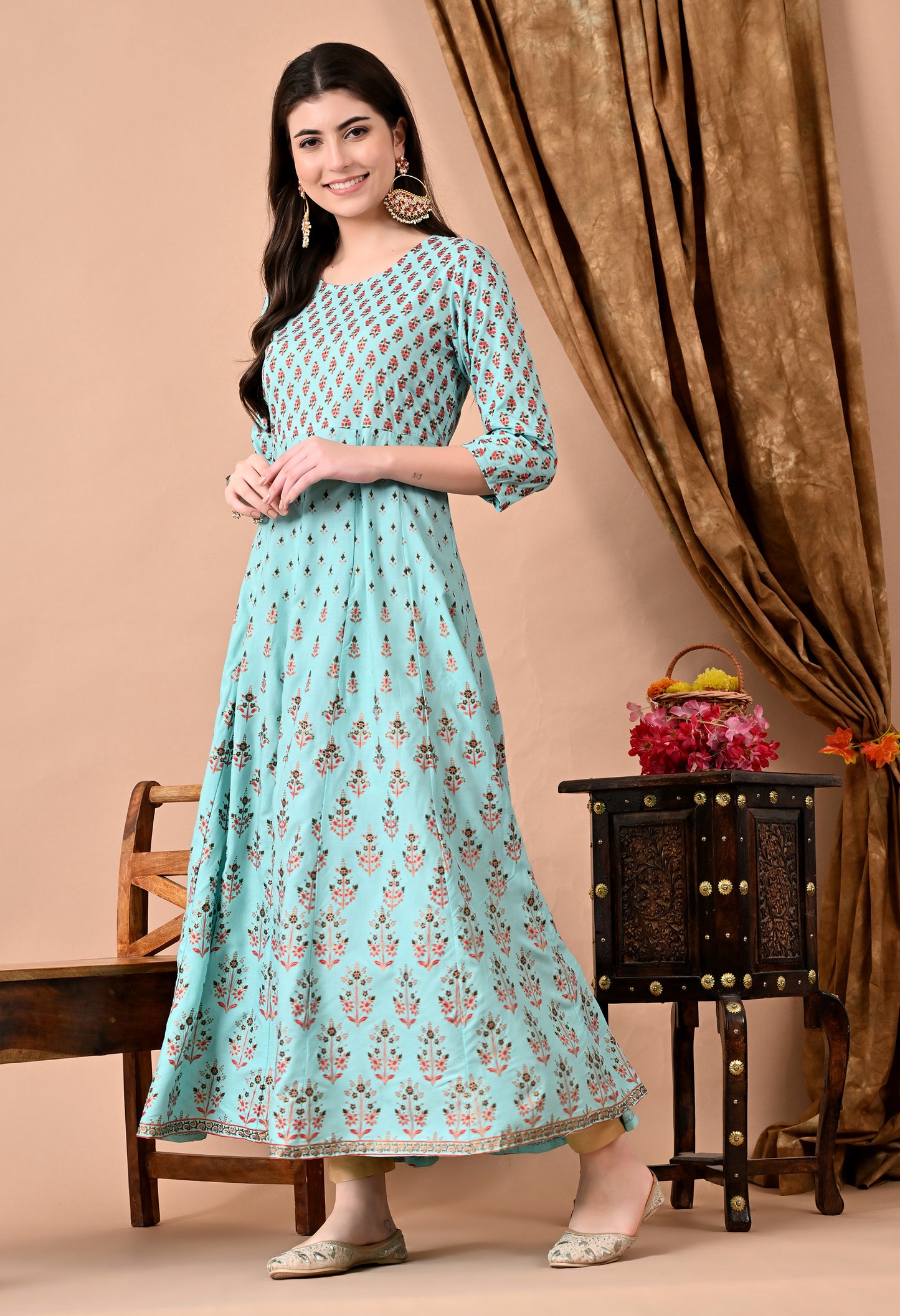 Jaipurite Printed Anarkali Long Kurta in Light Green