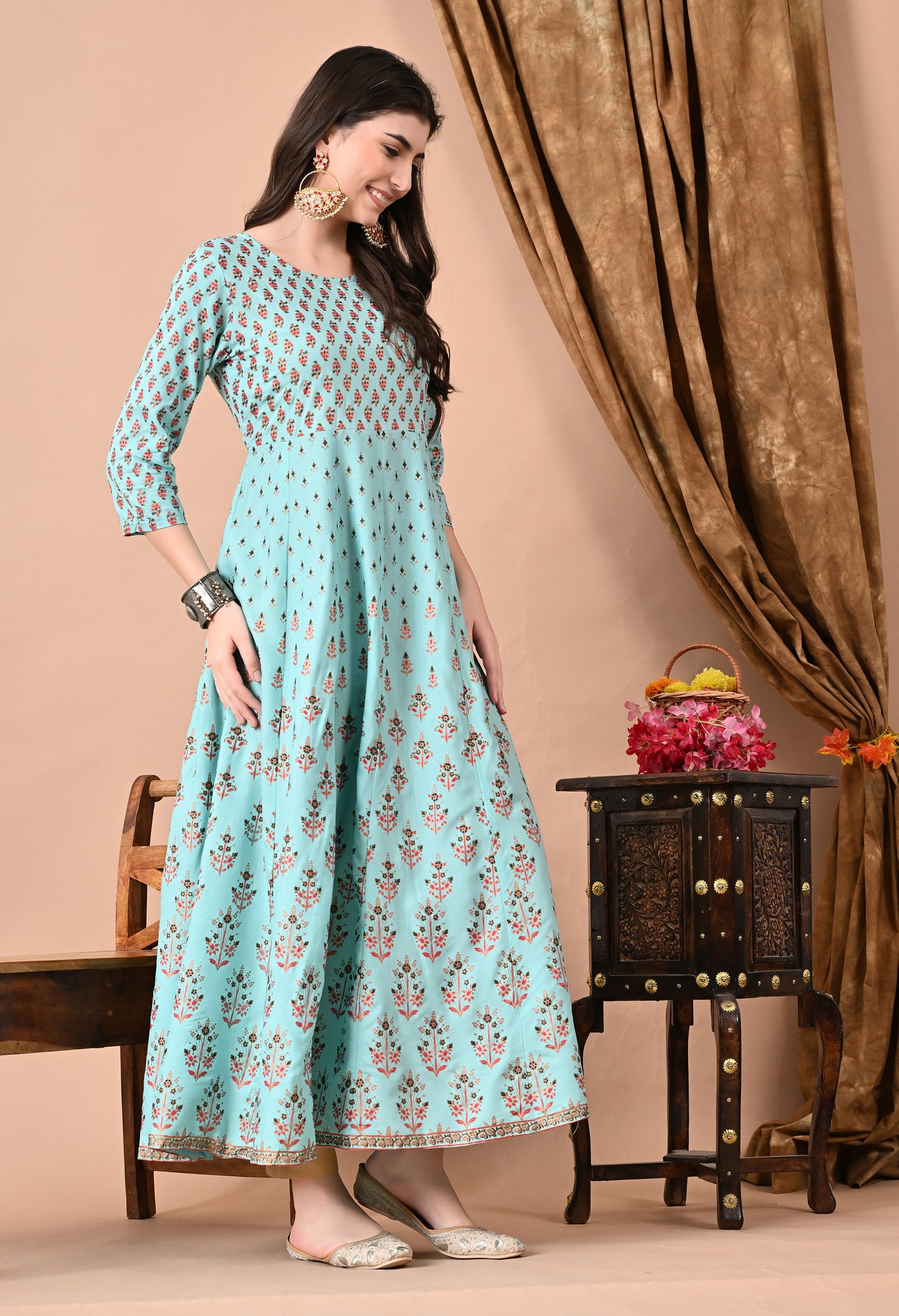 Jaipurite Printed Anarkali Long Kurta in Light Green