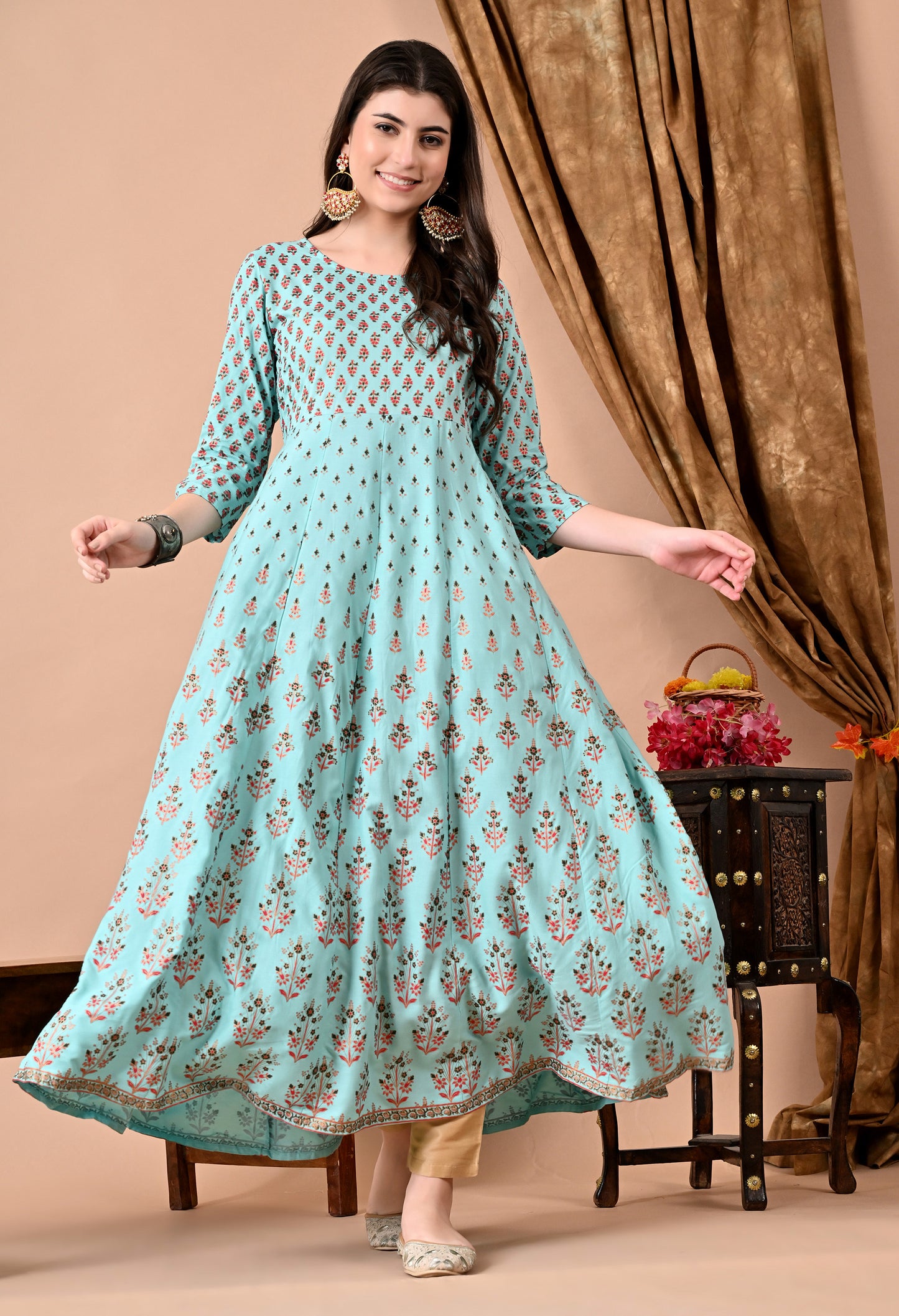 Jaipurite Printed Anarkali Long Kurta in Light Green