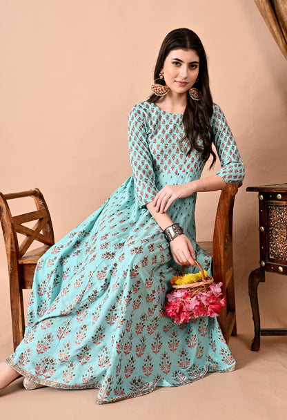 Jaipurite Printed Anarkali Long Kurta in Light Green