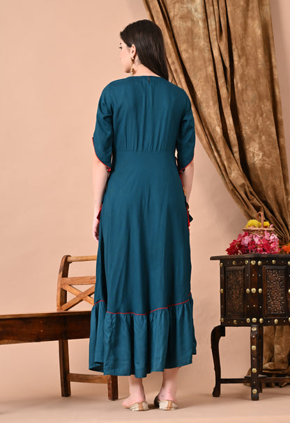 Jaipurite Embroidered Anarkali Kurta In Teal Blue