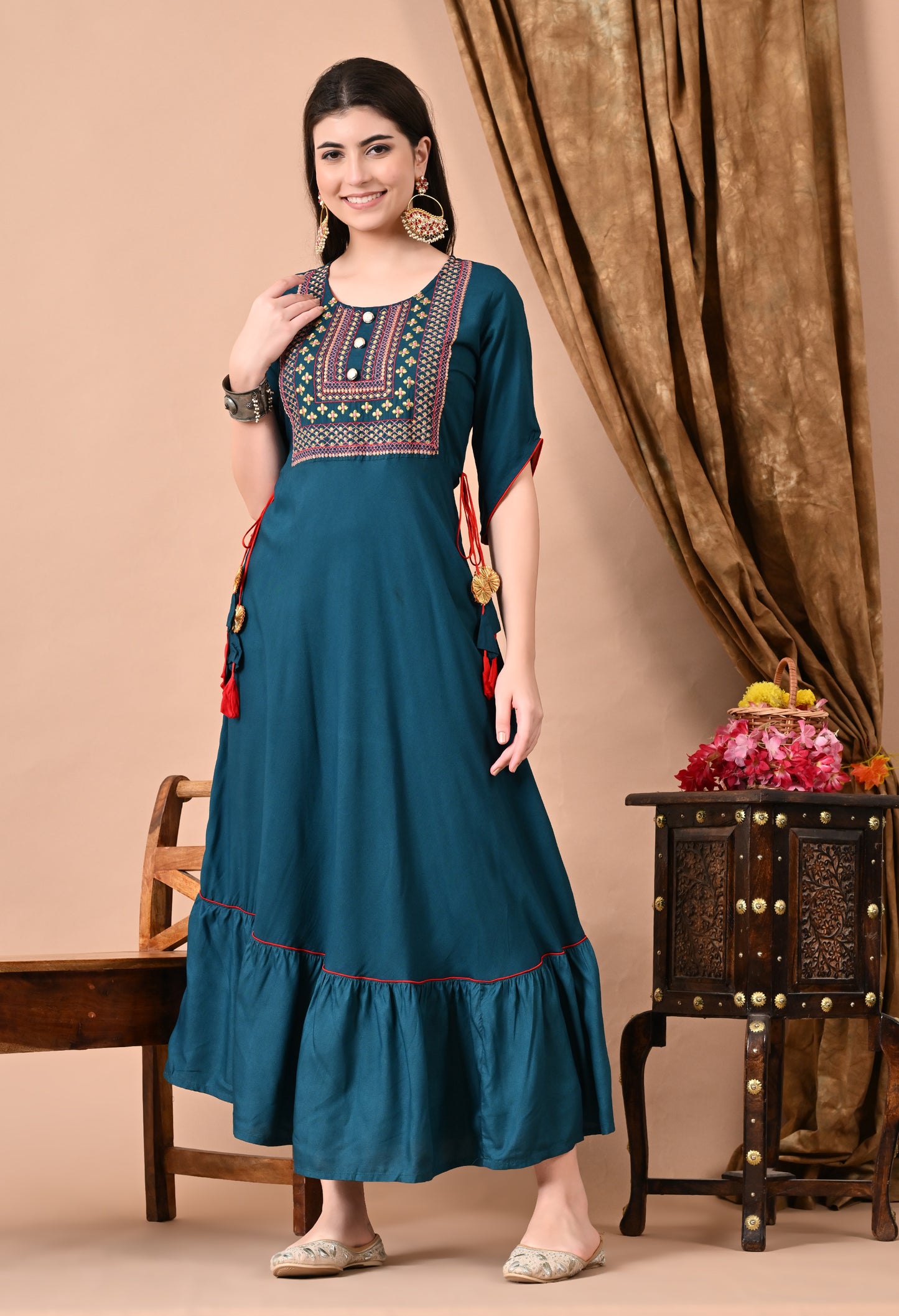 Jaipurite Embroidered Anarkali Kurta In Teal Blue