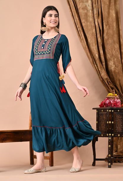 Jaipurite Embroidered Anarkali Kurta In Teal Blue