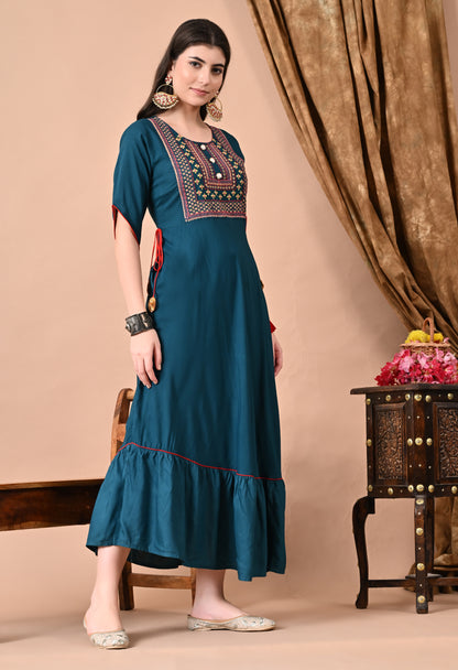 Jaipurite Embroidered Anarkali Kurta In Teal Blue