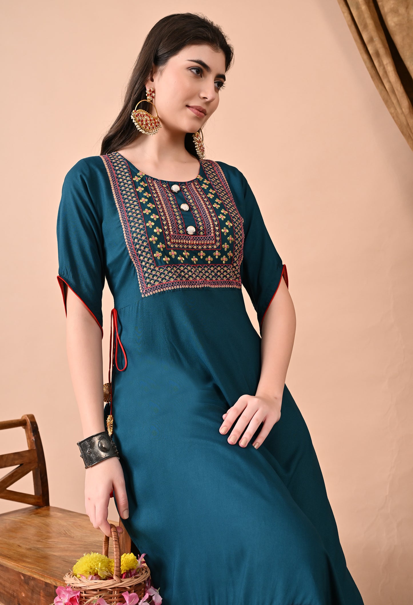 Jaipurite Embroidered Anarkali Kurta In Teal Blue