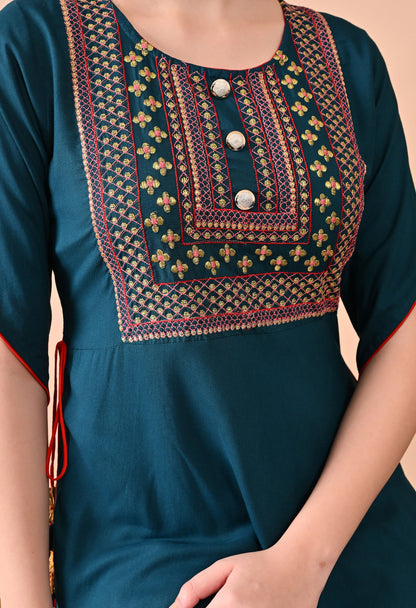 Jaipurite Embroidered Anarkali Kurta In Teal Blue