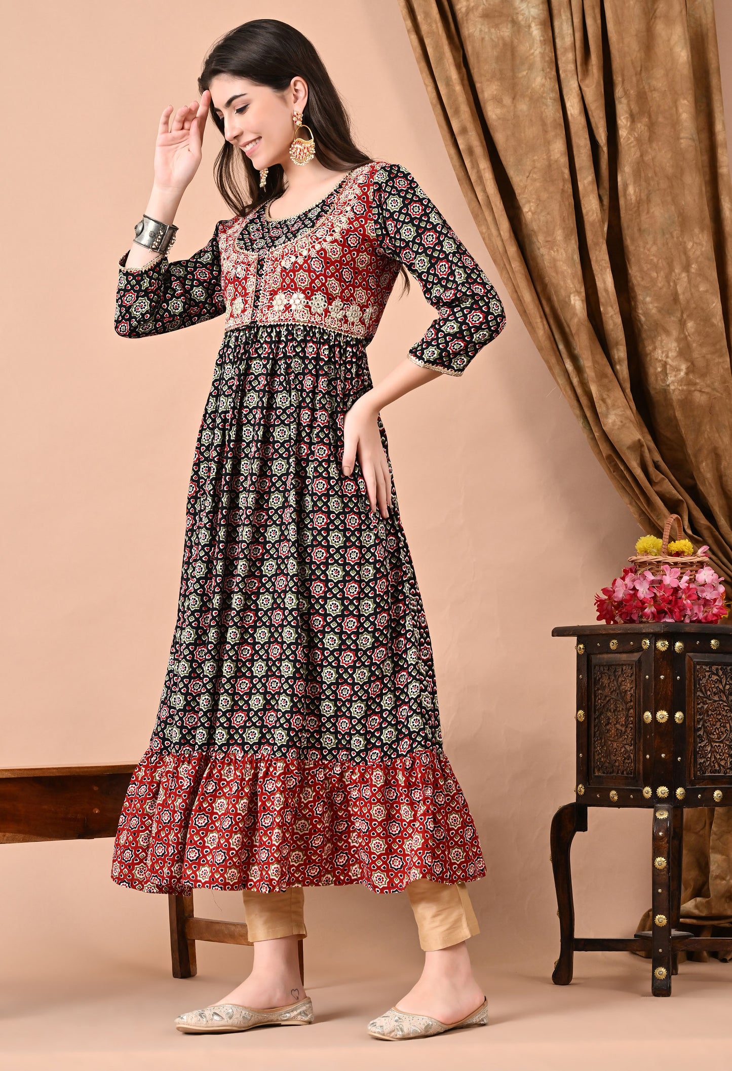 Jaipurite Embroidered Anarkali Kurta in Black,Maroon