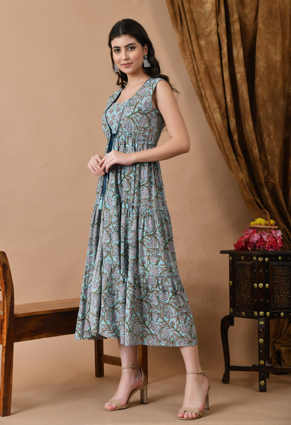 Jaipurite Printed Anarkali Dress In Light Blue