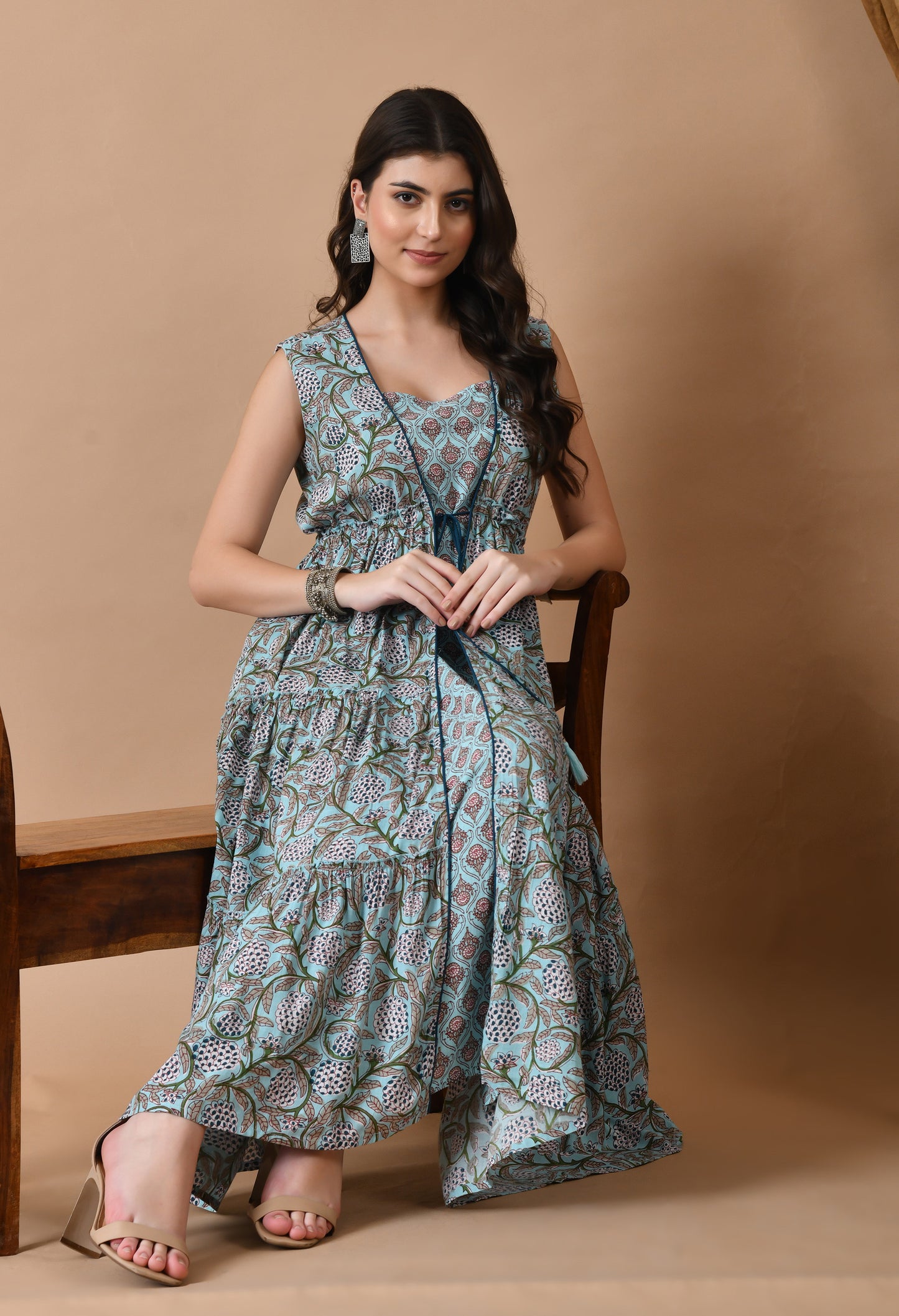 Jaipurite Printed Anarkali Dress In Light Blue