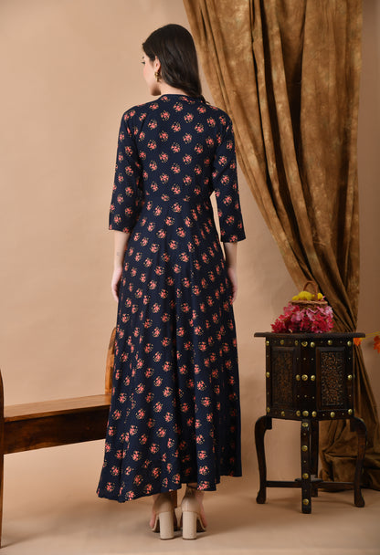 Jaipurite Long Flared Printed Gown in Dark Blue