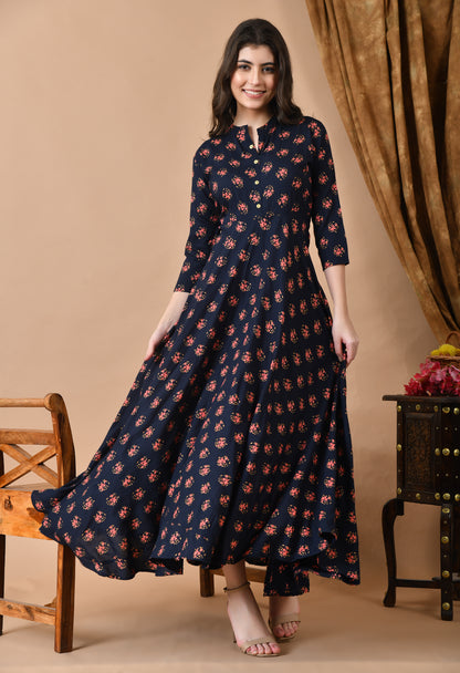 Jaipurite Long Flared Printed Gown in Dark Blue