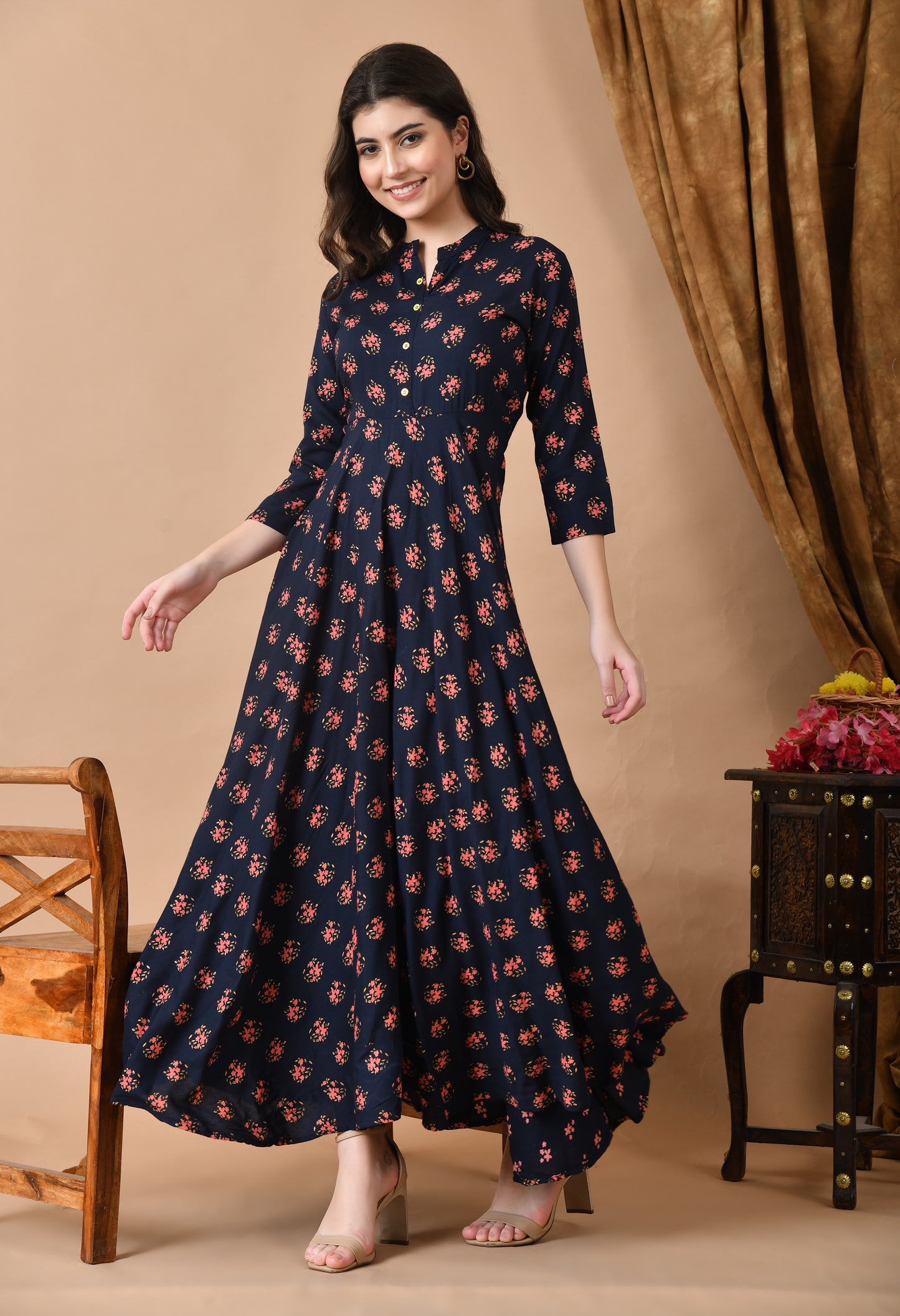 Jaipurite Long Flared Printed Gown in Dark Blue