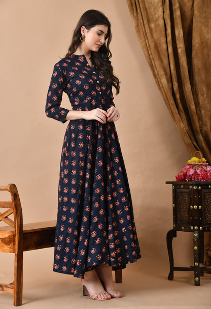 Jaipurite Long Flared Printed Gown in Dark Blue