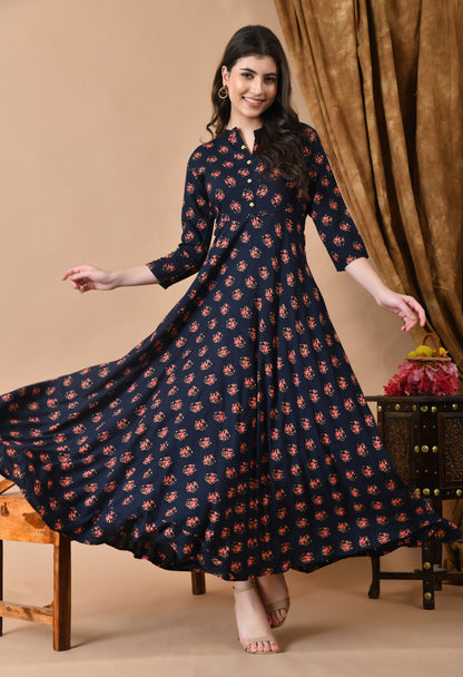 Jaipurite Long Flared Printed Gown in Dark Blue